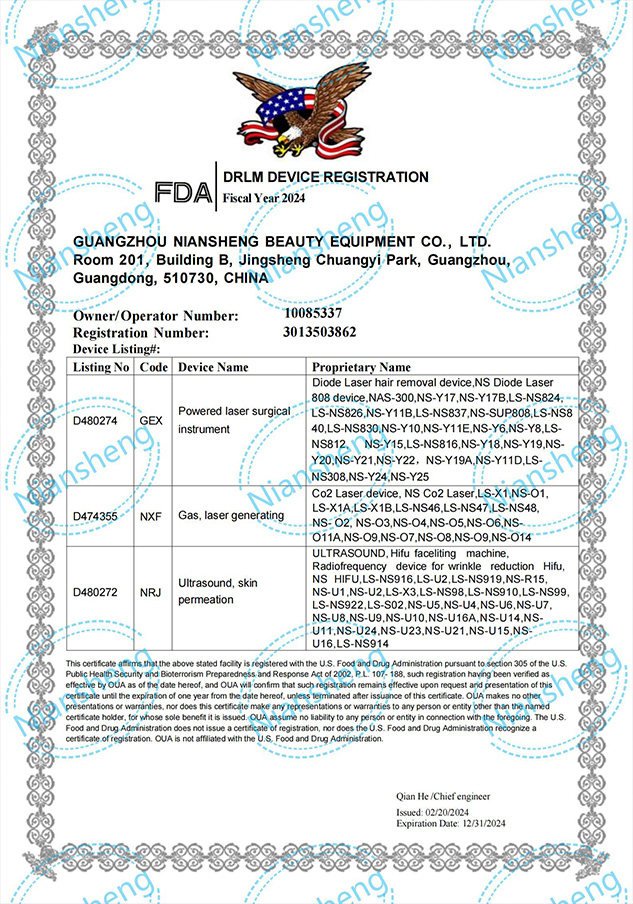 Niansheng Beauty Equipment : FDA CE ISO ROHS Certificate